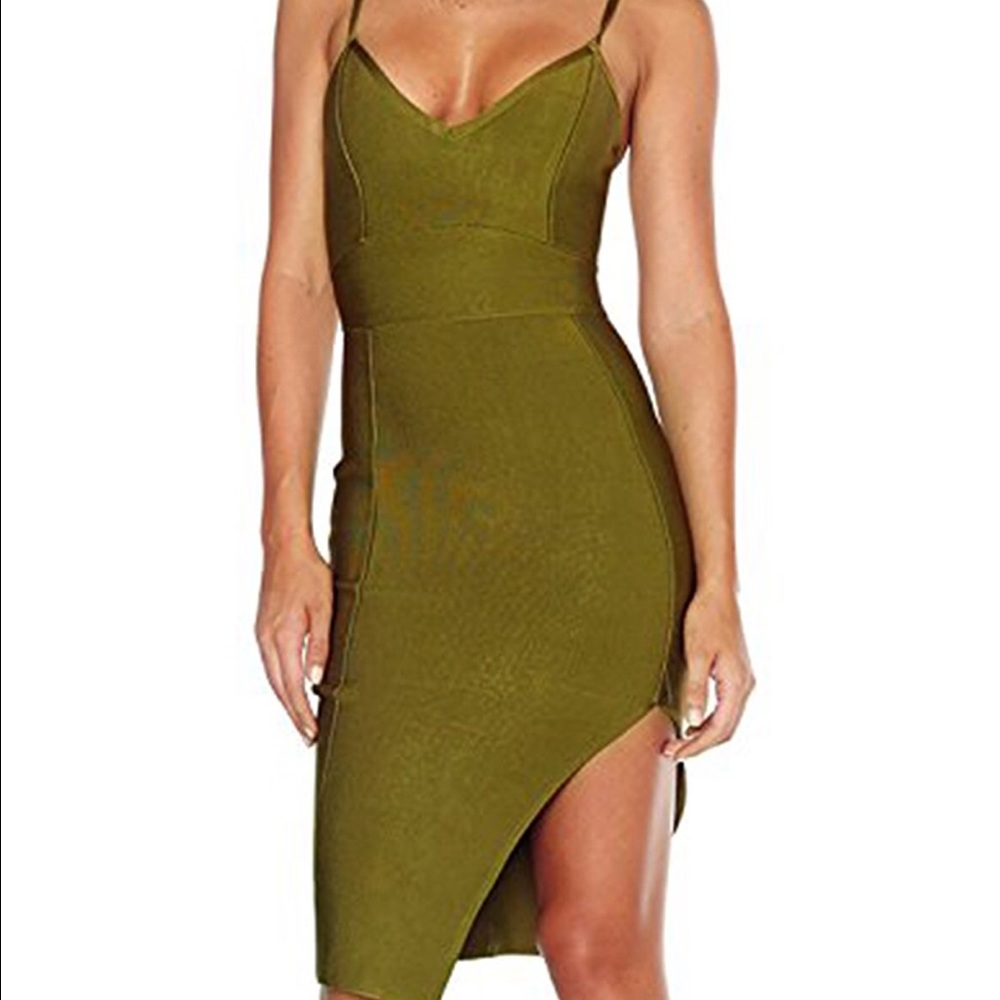 Green Army Colored Slit Bandage Dress Midi